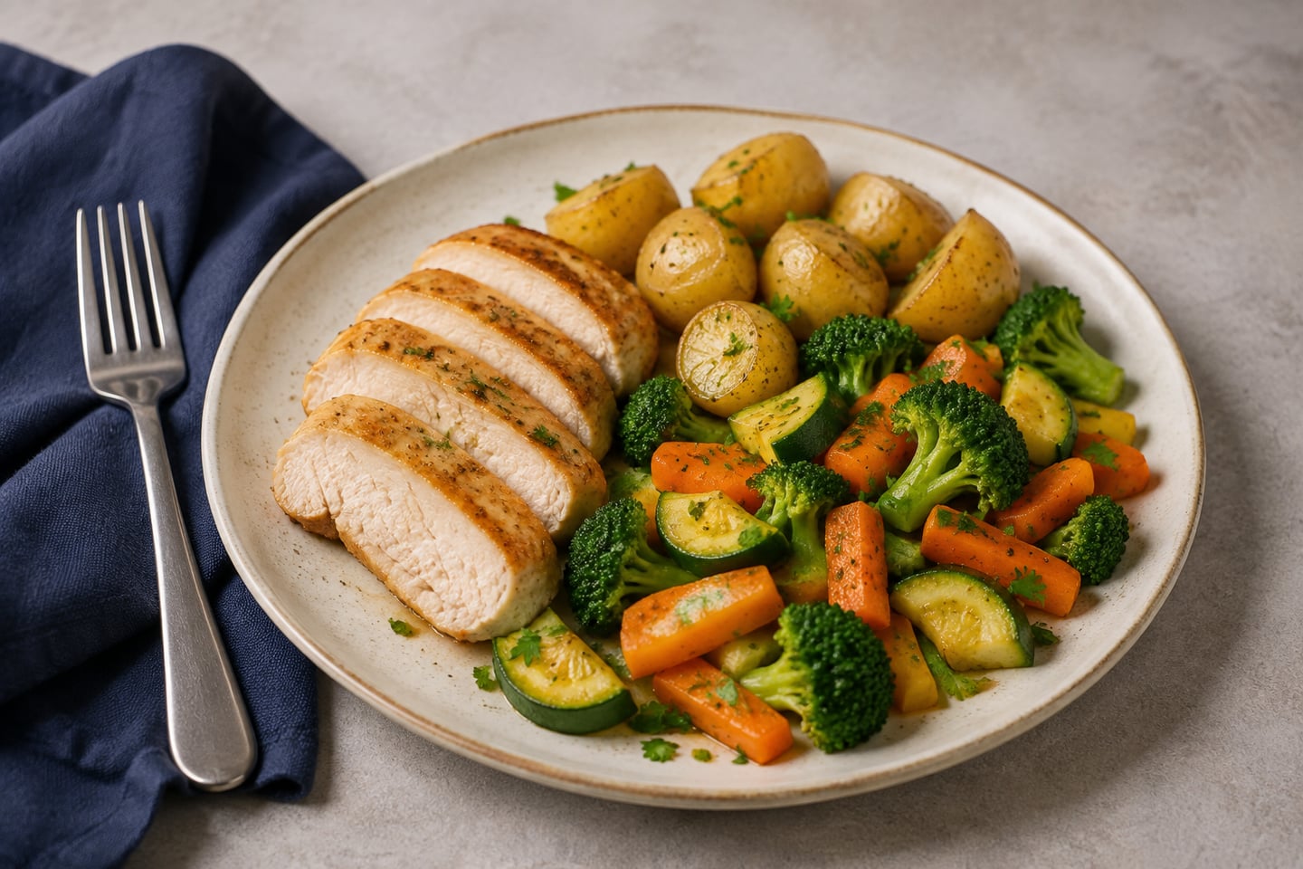 KI-generiertes Symbolbild: Poulet mit Kartoffeln, Broccoli, Karotten und Zucchetti auf einem Keramikteller.